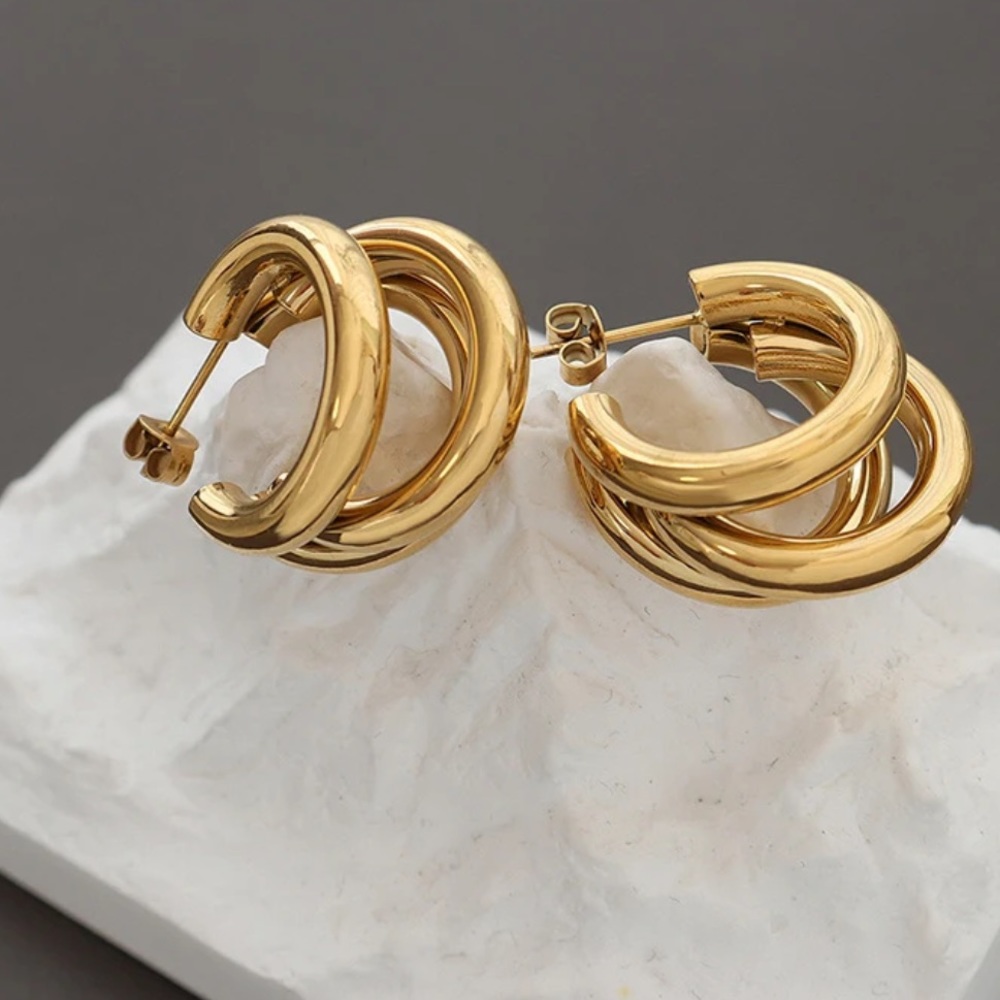 18K Gold Triple ThicHoop Earrings Chunky Three Hoop Multiple Modern Earrings